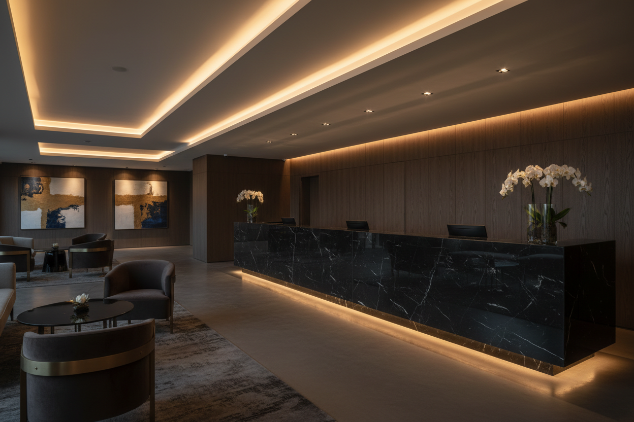 Photorealistic luxury reception from left angle